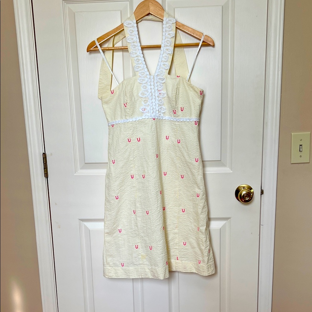 Lilly Pulitzer Yellow Seersucker Dress with Embroidered Horseshoes